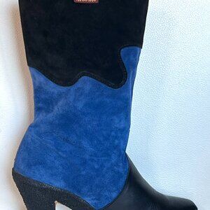 Vintage TED LAPIDUS Black & Cobalt Blue Leather & Suede Boots, Never Worn, 38/7